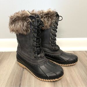 Magellan Outdoors Boots Women’s 6 Black & Brown Faux Fur Mid Calf Lace Up Duck
